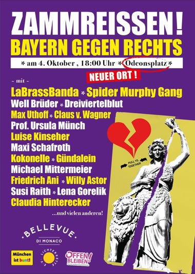 Plakat zur Kundgebung "Zammreißen! Bayern gegen Rechts" mit neuenm Ort "Odeonsplatz"
