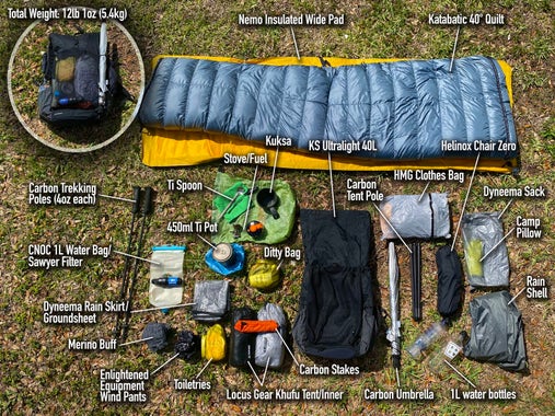 an overhead shot of a bunch of backpacking gear, all laid out on the ground. Many items such as a tent, quilt, backpack, electronics, clothing and more