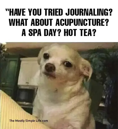 Dog side eying to the comment, "Have you tried journaling?  What about acupuncture?  A spa day?  Hot tea?"