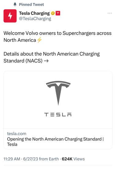 Tweet showing Volvo joining the NACS bandwagon