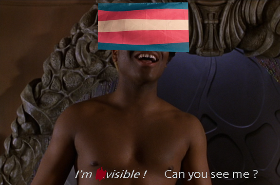Kel Mitchel from Mystery Men in the scene where he turns invisible edited with a trans flag over his face and text edited to read "I'm ---visble! Can you see me?"