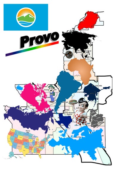 A map of the city of Provo with entire cities, continents, the Moon from Majora's Mask, Big Boy, etc. superimposed.