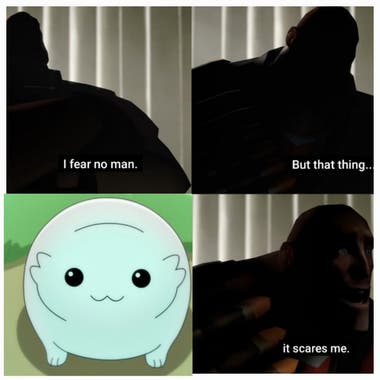 tf2 meme. Heavy (a character) sits in anonymous shade. "i fear no man. but that thing, it scares me". included is a picture of Moopsy, a seemingly innocent yet ferocious creature from Star Trek Lower Decks
