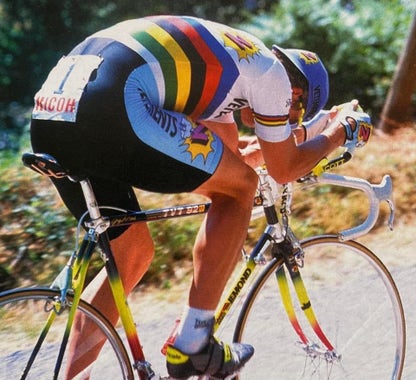 Greg Lemond with the rainbow jersey at the Z team. Via tumblr