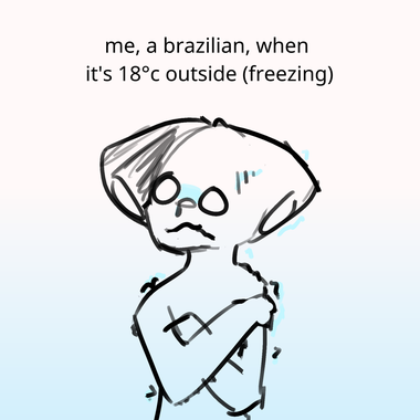 a meme with the text "me, a brazilian, when it's 18 degrees celsius outside" showing a character which appears to be shivering