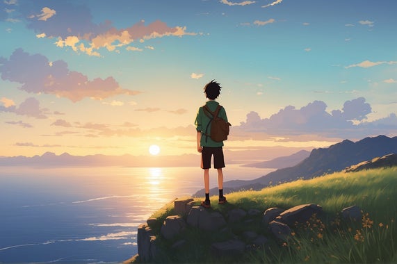 An AI generated image, from the prompt: “ Style of Makoto Shinkai, flat colors, high contrast. A young man stands on a ledge, grassy mountain, overlooking the ocean, sunset. hopeful, enchanting, mesmerizing, fairies”