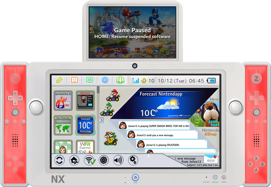 A mockup of an NX console from Nintendo, has dual screen in handlend mode, the screen is removable.