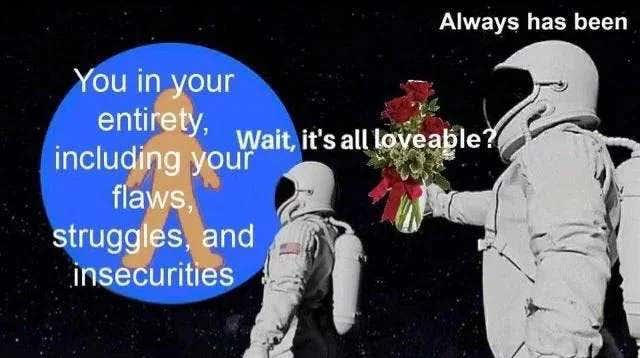 The Ohio astronaut meme, except on the earth it's a picture of you with the text "You in your entirety, including your flaws, struggles, and insecurities", the first astronaut is asking "Wait, it's all loveable?", and the second astronaut is holding out a bouquet of flowers and saying "Always has been".