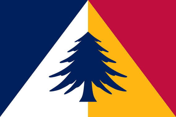 A 2:3 flag with the background composed of four equally sized triangles — blue, white, yellow, and red — and a blue pine in the center.