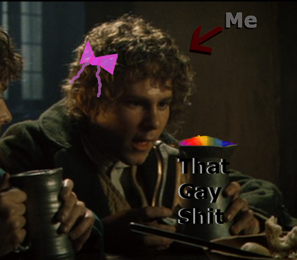 Merry Brandybuck with a hairbow staring at a mug of rainbow beer labled "That Gay Shit" and an arrow pointed to them saying "Me"