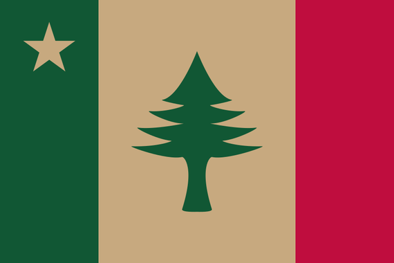 A 2:3 flag with a 1:2:1 tricolor (pine green on the left, buff in the middle, red on the right). The green stripe has a buff star at the top, and the buff strip has a green pine tree design in the center.