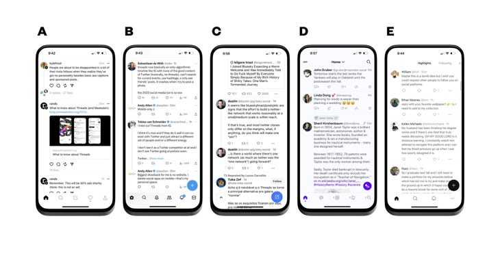 A realistic rendering of 5 phones, A through E, showing the middle of a scroll of chat. On each, a circular avatar stands beside some text on a white background. Each are different programs, but look remarkable similar.