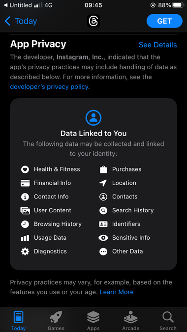 The privacy preview for Instagram’s upcoming app, Threads. The “data linked to you” section has 14 different categories of data including health, location, and identifier data among others.
