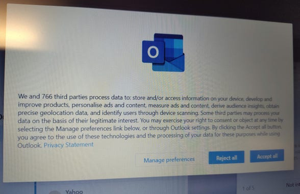The new Microsoft Outlook app indicating that they share data with 766 third parties if you accept (which let's face it most people will)