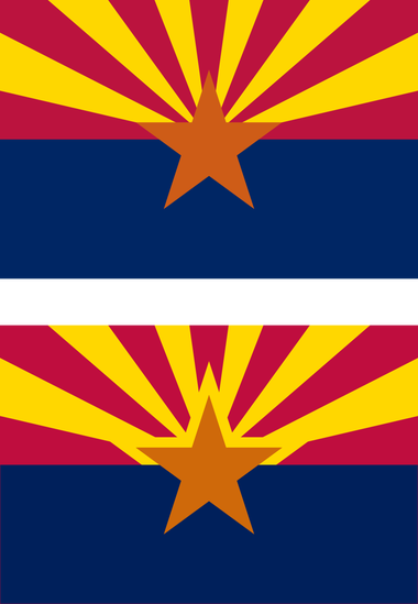 (Top) The flag of Arizona. (Bottom) The flag of Arizona but with the part that's above the blue half having a yellow outline that's the same color as the rays.