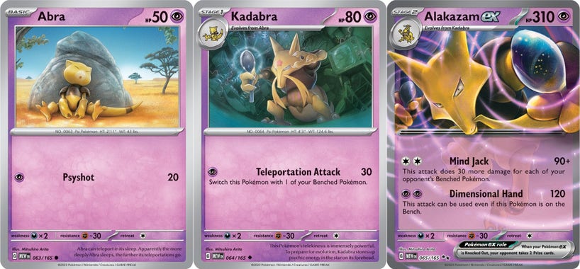 Image of the new Pokemon 151 cards. Abra in the desert sitting in front of a rock. Kadabra in a lab with electricity and he's bending the spoon. Alakazam EX with the pokemon coming towards you with the spoon.