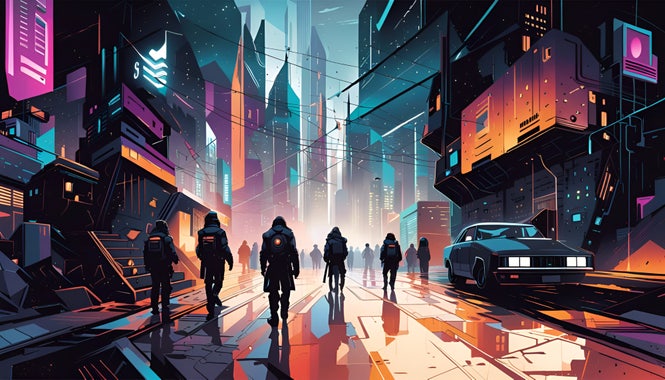 Noir cyberpunk forces walking towards city centre