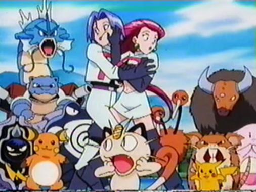 Jesse James and Meowth of Team Rocket huddled together scared surrounded by mean looking pokemon including a Blastoise, Gyrados, Torros, Cloister, and three mean looking rats, two of who are electric