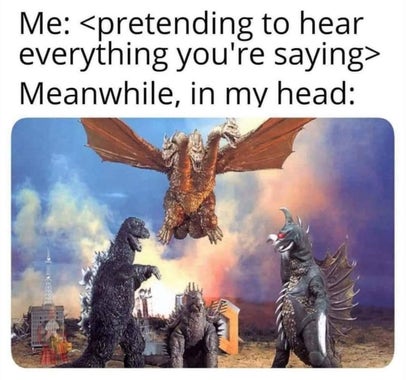 Me: *pretending to hear everything you're saying*; meanwhile, in my head: Godzilla, Gigan, Anguirus, and King Ghidorah vibing.