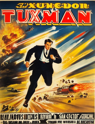 A movie poster from the 1930's showing a man running away from an explosion with the title "Tuxman"