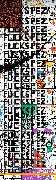 Column of text on r/place filled with the words "FUCK SPEZ"