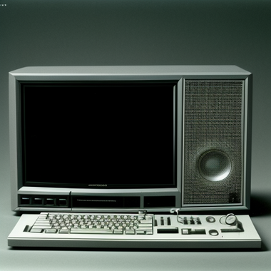 an imaginary computing device, looks to be from about 1993. its got a big crt screen on the left, with a big speaker built in on the left. it has a keyboard in front with big clicky looking keys. it looks like it would run windows 3.1 real good. oh god i want one.