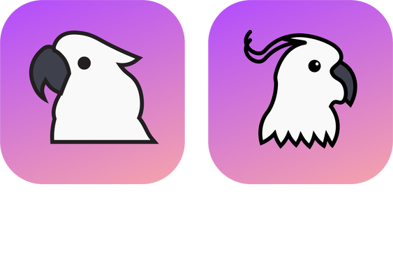 Two app icons in the style of Apple's iPhone, both depict a cacatua, a parrot-like bird, one is more simple and the other is more loose in design. Underneath the icon there's the word Kbin as written in the site.