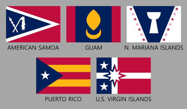 Redone versions of the flags of American Samoa, Guam, the Northern Mariana Islands, Puerto Rico, and the U.S. Virgin Islands.
