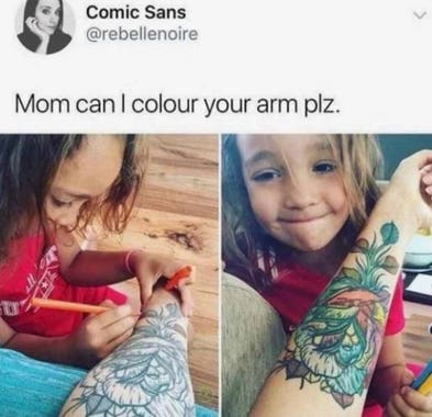 Caption: Mom can I colour your arm plz. Image: Before and after shots of a young girl using felt markers to colour in her mother's floral arm tattoo.