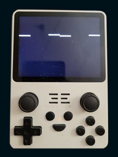 A PowKiddy RGB20S with white, horizontal bars on the screen.