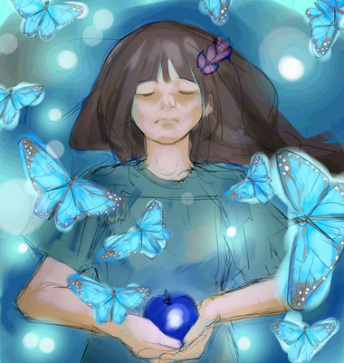 picture of a sickly girl lying down with eyes closed holding a blue apple. she is wearing a hospital nightgown and has a purple flower in her hair. there are glowing butterflies flying overhead.