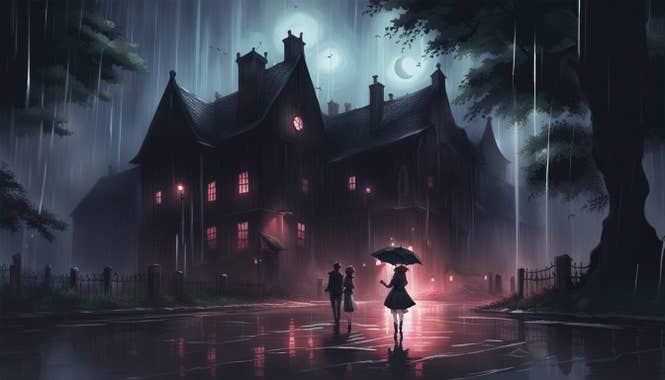 Dark Gothic Manor during heavy rain