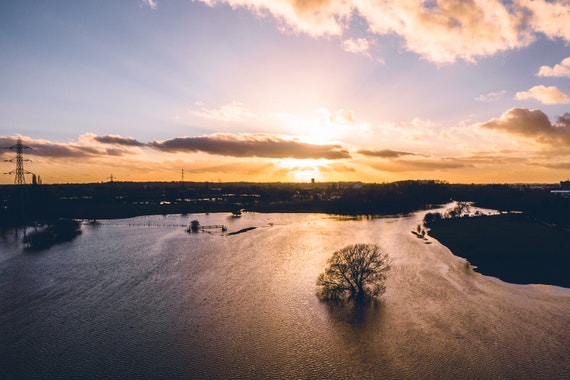 Drone photo taken at sunset overlooking a flooded area of Stafford town.