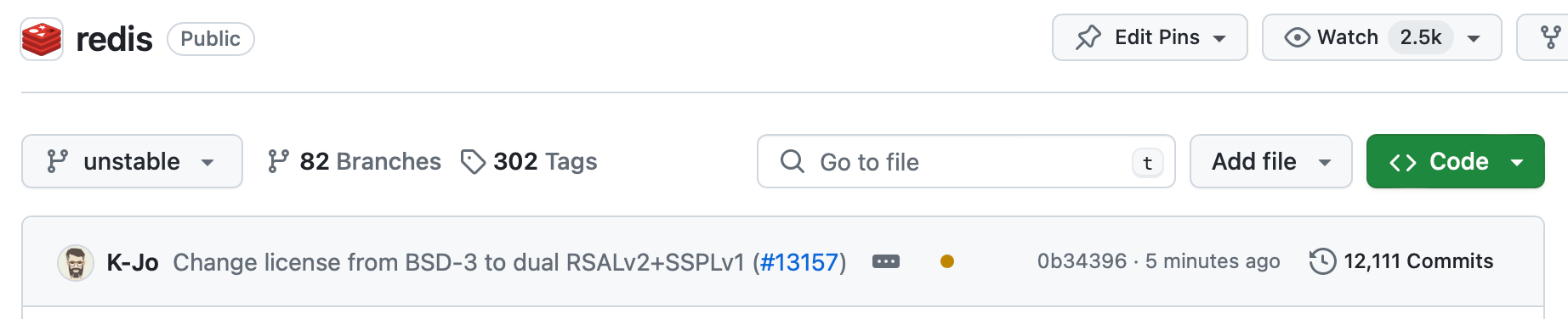Screenshot from the Redis GitHub repo. The latest commit message says "Change license from BSD-3 to dual RSALv2+SSPLv1 (#13157)" 