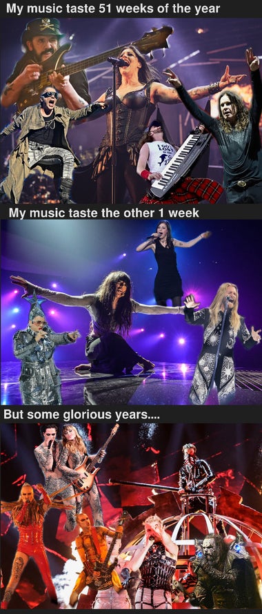 picture of metal and rock acts captioned "my music taste 51 weeks of the year", followed by pictures of Eurovision acts captioned "my music taste the other 1 week", followed by pictures of metal acts at Eurovision captioned "but some glorious years..."