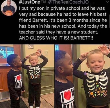 A photo of two happy boys at school. Caption: I put my son in private school and he was very sad because he had to leave his best friend Barrett. It's been 3 months since he has been in his new school. And today the teacher said they have a new student. And guess who it is! Barrett!"