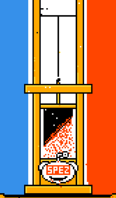 An image from /r/place of a head under a guillotine with 'spez' written on it