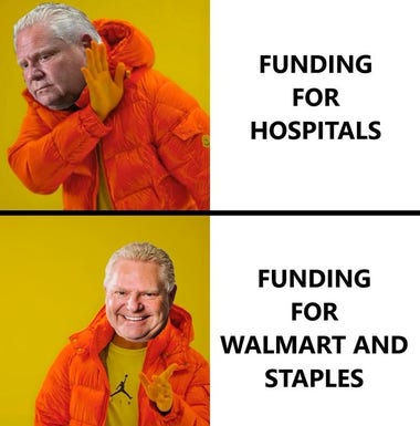 Based on the Drake Meme:

Doug Ford holding up his hand - "Funding for hospitals"
Doug Ford smiling OK - "Funding for Walmart and Staples"