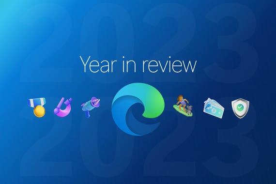 The words "year in review" over a horizontal array of graphics including the Microsoft Edge logo