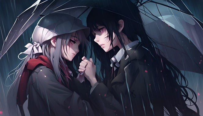Two girls, one with grey-coloured hair and one with black-coloured hair, embraces together under umbrella during heavy rain