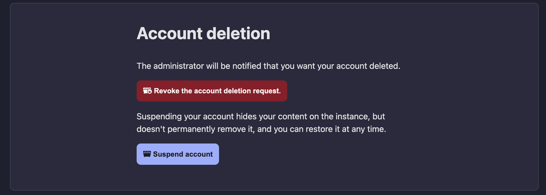 User account deletion section