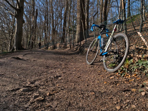 A road bike parked to the side of a dirt trail
