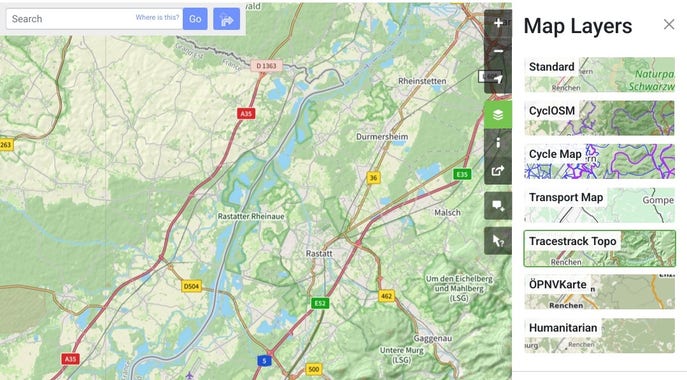 A screenshot of OSM.org showing the map layer sector open and showing tracesstrack Topo map selected and that as a map shown 
