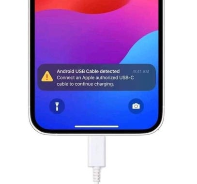 iPhone notification that an android cable was detected and wont charge.