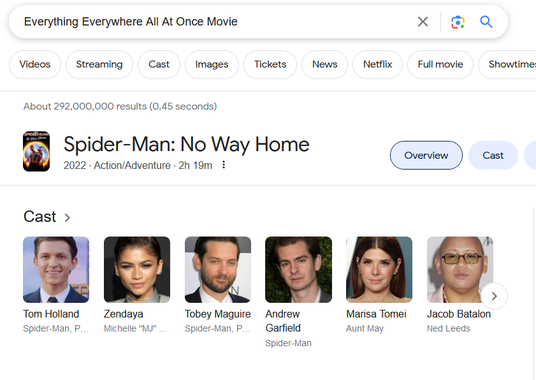 A Google Search page. In the search bar, it says "Everything Everywhere All At Once movie" in the results there is the knowledge panel for Spider-Man: No Way Home