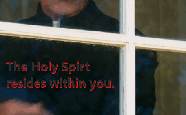 GIF. Closeup on a priestly color and the text "The Holy Spirit Resides within you." Within then blinks. Pic pulls out to reveal Tobin Bell as Monsignor Canell from the 2019 fiom Gates Of Darkness. In distorted changing font, the text then appears, "To your left is a grapefruit spoon..."