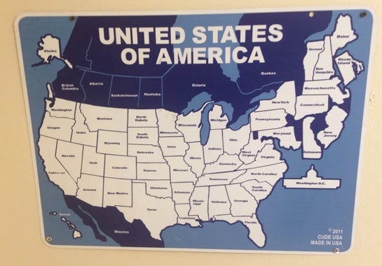 A map of the USA, but the northeast of the country is hemorrhaging and expanding into the North Atlantic. Washington DC is a giant ship in the ocean, Alaska is tiny, and Rhode Island is where Newfoundland ought to be. Also, Canada is disfigured and heavily squished vertically.