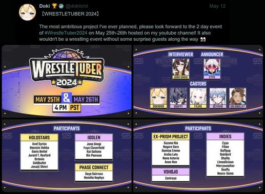 Dokibird: 【WRESTLETUBER 2024】  The most ambitious project I've ever planned, please look forward to the 2 day event of #WrestleTuber2024 on May 25th-26th hosted on my youtube channel! It also wouldn't be a wrestling event without some surprise guests along the way 👀"