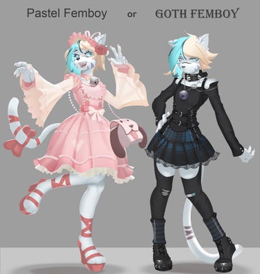 On the Left: A Pastel Femboy, a Femboy dressed in pastel colored clothing.

On the Right: A goth femboy, a femboy dressed in dark gothic clothing.