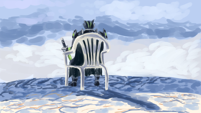 Kamen rider Tycoon in his Bujin Sword from, sittin in a plastic chair, viewed from behind